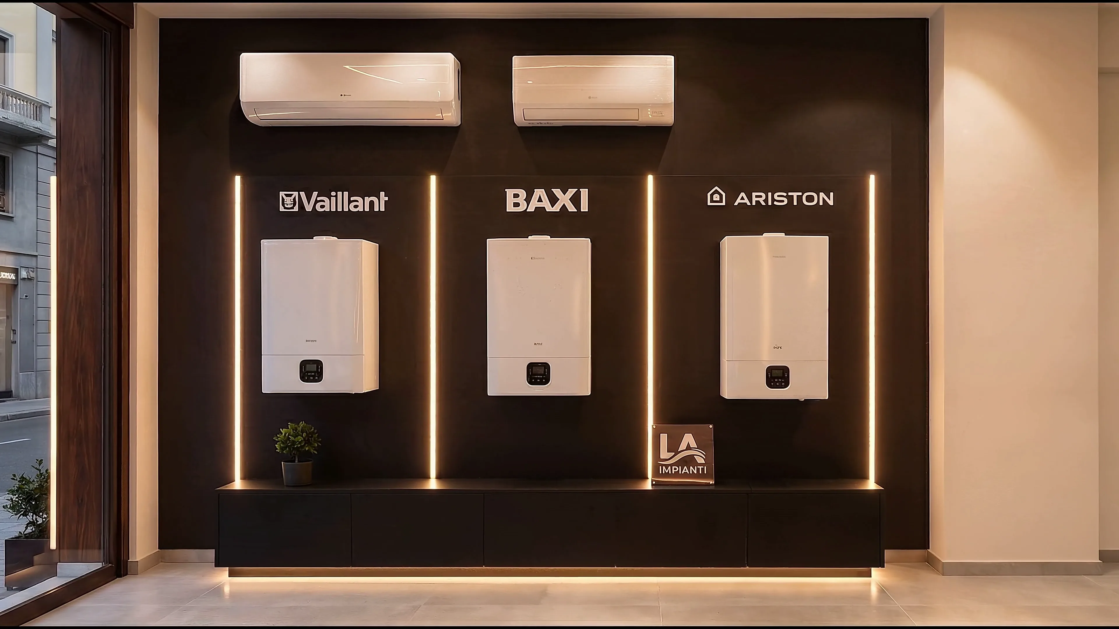 Parete dello showroom L&A con caldaie e climatizzatori